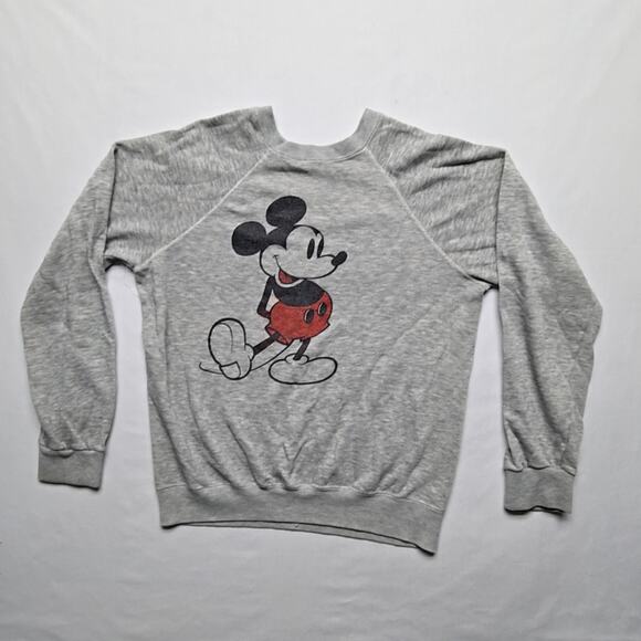 Disney Tops - Vintage Mickey Mouse Sweatshirt Gray Graphic Large Raglan Sleeve Disney 80s